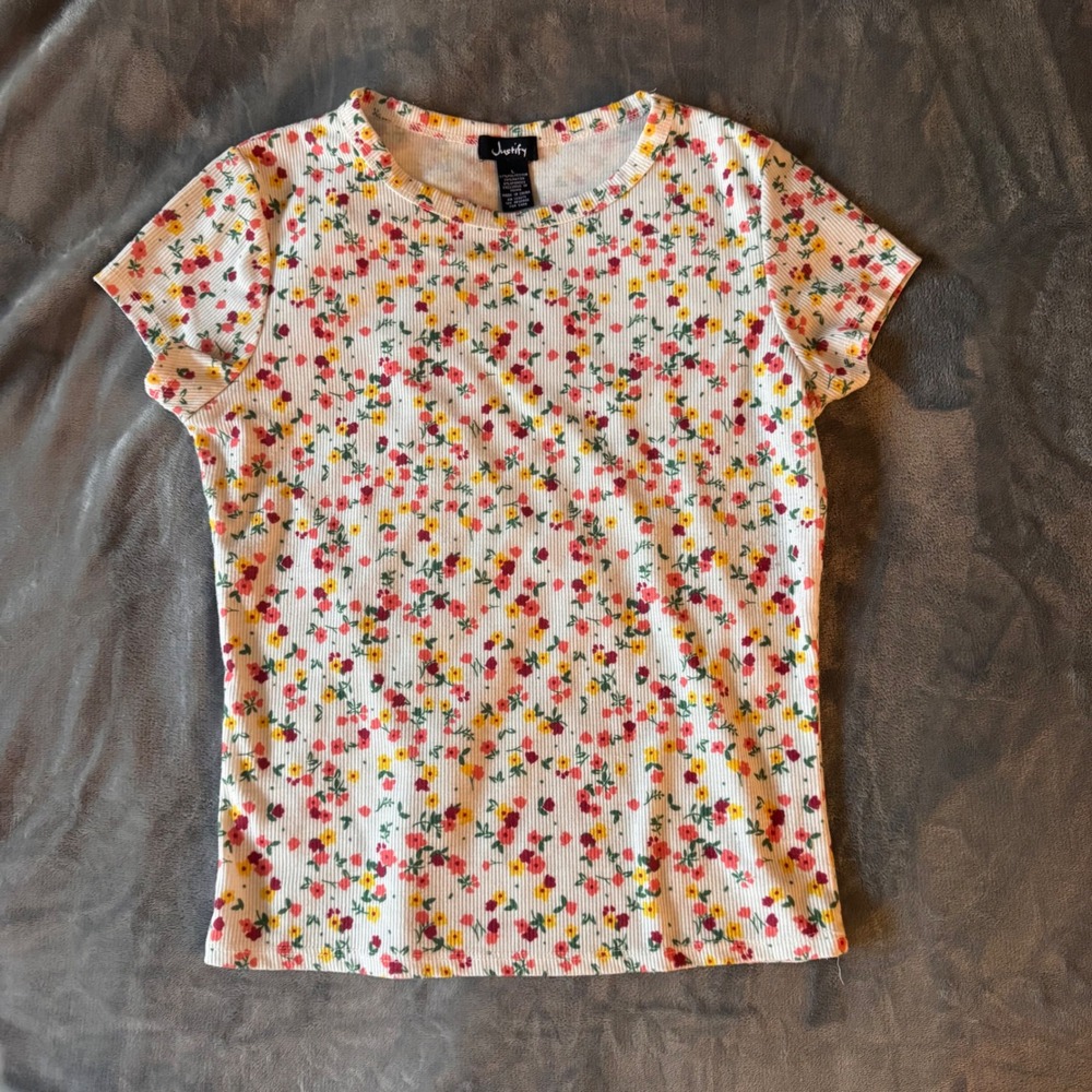 Justify Womens Ribbed Ditsy Floral Short Sleeve T-Shirt White Pink Yellow Large